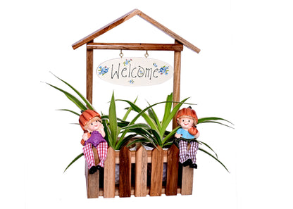 The Weaver's Nest Wooden Welcome Decorative Fence Planter for Indoor, Home Decor, Entrance, Living Room, Garden, Balcony (Brown, 30 X 16 X 40 cm)