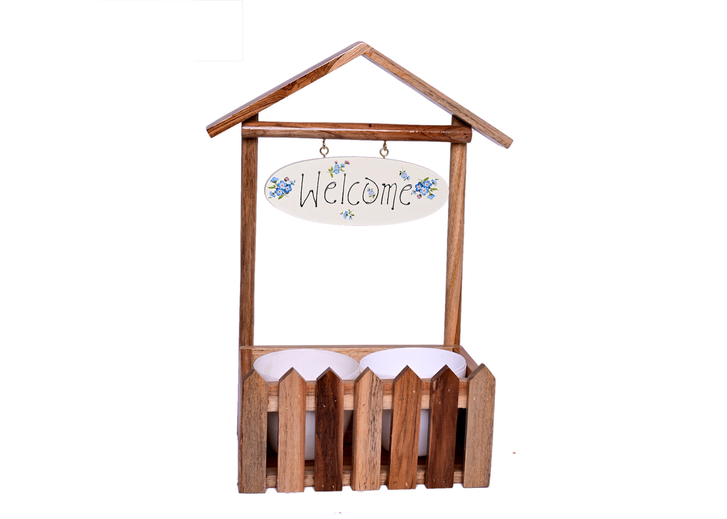 The Weaver's Nest Wooden Welcome Decorative Fence Planter for Indoor, Home Decor, Entrance, Living Room, Garden, Balcony (Brown, 30 X 16 X 40 cm)