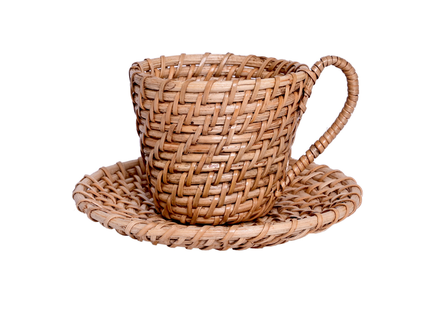 The Weaver's Nest Handmade Natural Cane Cup and Saucer  Planter for Home, Table Tops, Restaurants, Garden, Cafe, Balcony, Living Room