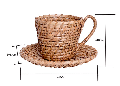 The Weaver's Nest Handmade Natural Cane Cup and Saucer  Planter for Home, Table Tops, Restaurants, Garden, Cafe, Balcony, Living Room