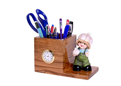 The Weaver's Nest Wooden Desk Organizer with Pen Stand and Clock with Single Compartment for Home and Office - Personalized Gift, Brown (18 x10x11cm)