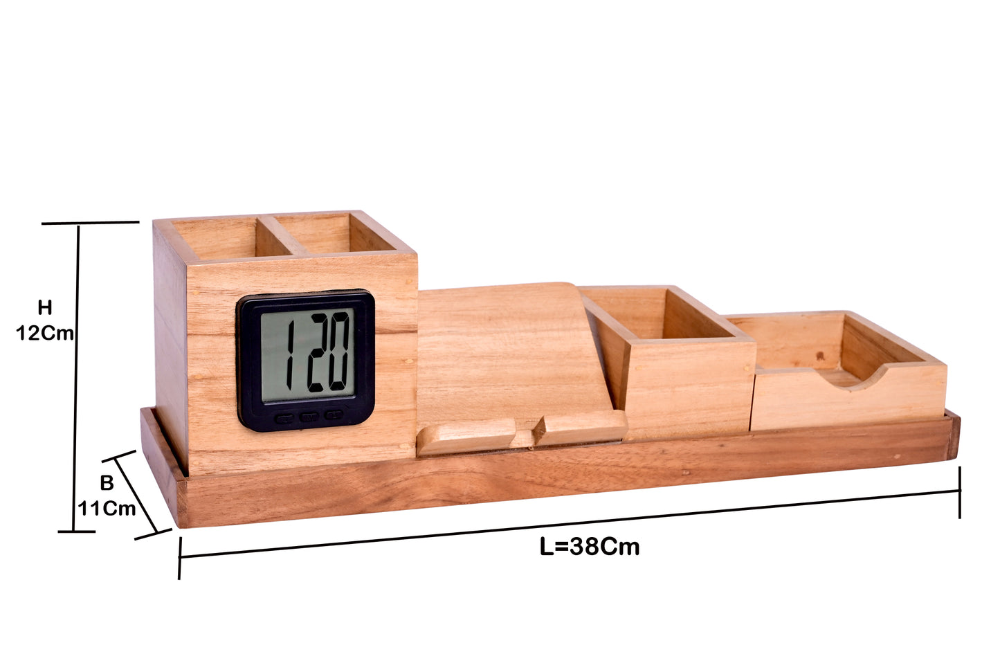 The Weaver's Nest Wooden Desk Organizer with Pen Stand, Mobile Holder and Digital Watch with multiple Compartments for Home and Office