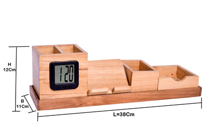 The Weaver's Nest Wooden Desk Organizer with Pen Stand, Mobile Holder and Digital Watch with multiple Compartments for Home and Office