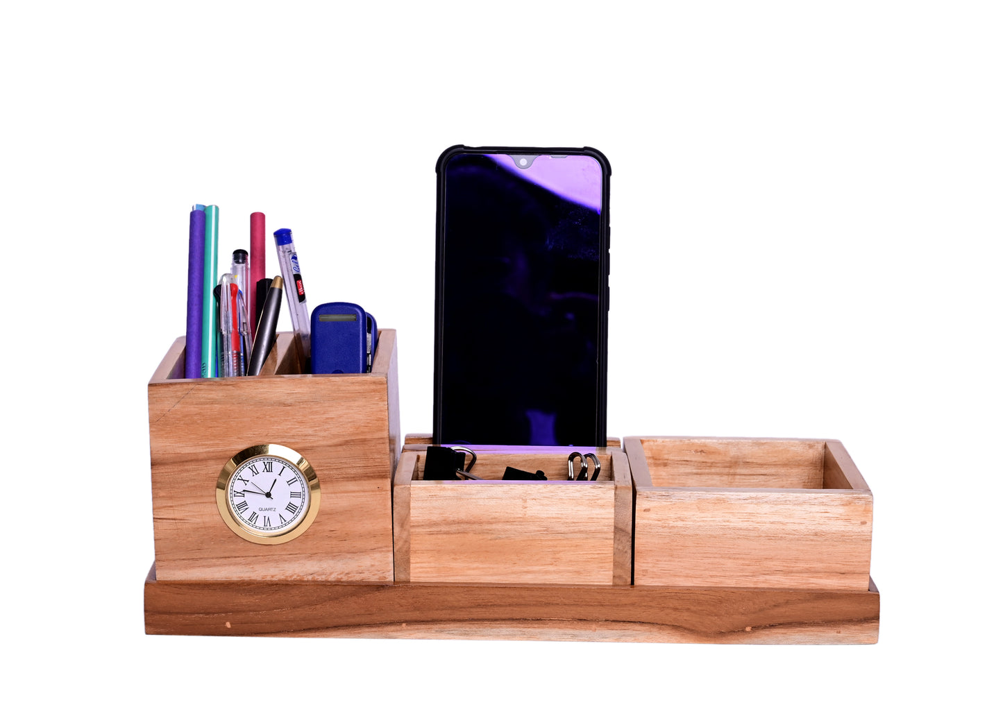 The Weaver's Nest Teak Wood Desk Organizer with Pen Stand, Clock, Mobile Phone Holder for Home and Office