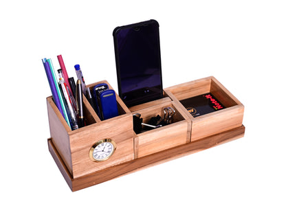 The Weaver's Nest Teak Wood Desk Organizer with Pen Stand, Clock, Mobile Phone Holder for Home and Office