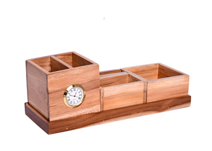 The Weaver's Nest Teak Wood Desk Organizer with Pen Stand, Clock, Mobile Phone Holder for Home and Office