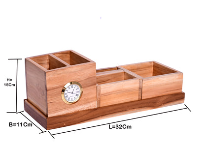 The Weaver's Nest Teak Wood Desk Organizer with Pen Stand, Clock, Mobile Phone Holder for Home and Office