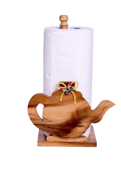 The Weaver's Nest Teak Wood Kettle Shaped Paper Towel Holder/Tissue Paper Stand/Roll Dispenser for Kitchen, Restaurants, Hotels