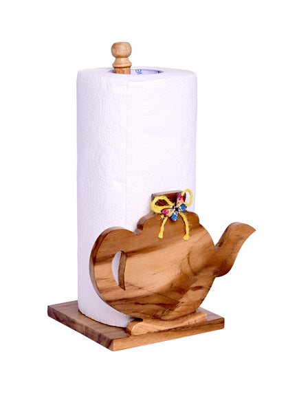 The Weaver's Nest Teak Wood Kettle Shaped Paper Towel Holder/Tissue Paper Stand/Roll Dispenser for Kitchen, Restaurants, Hotels