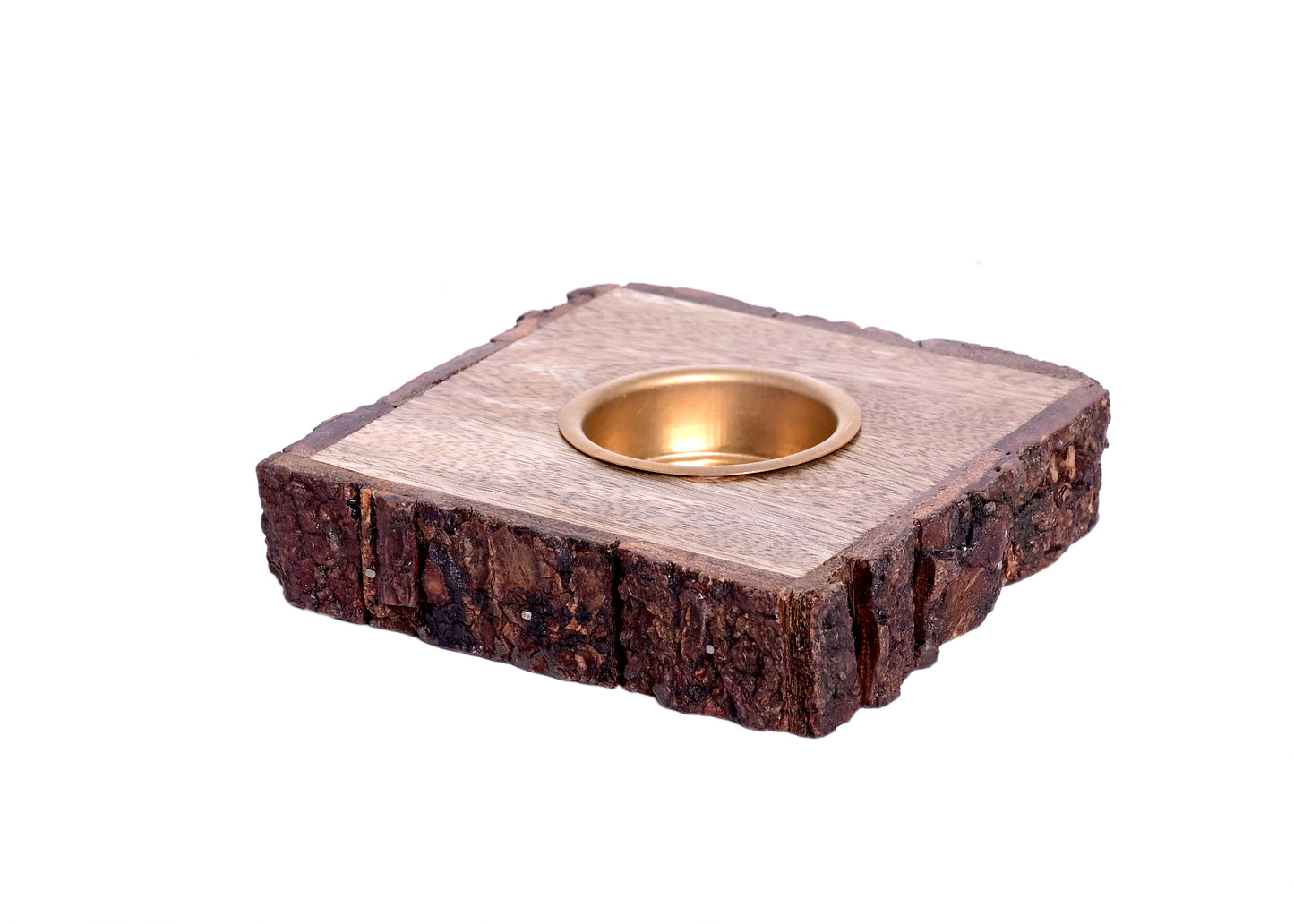 The Weaver's Nest Traditional Wooden Bark Handmade Tealight Candle Holder Set of Two for Home Decoration/ Festival Decor- Square Shaped Candle Stand