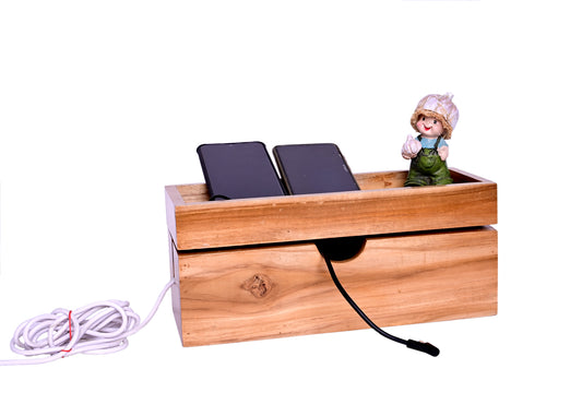 The Weaver's Nest Teak Wood Cord organizer/Desk Organizer for Mobile/Laptop/Device Chargers, Wires, USB Cables