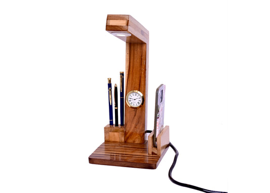 The Weaver's Nest Teak Wood Table Lamp with clock and organiser for Home, Living Room, Study Room, Bedside Tables (Brown, 15 X 15 X 33 cm)