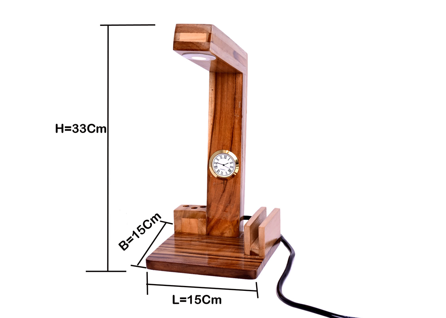 The Weaver's Nest Teak Wood Table Lamp with clock and organiser for Home, Living Room, Study Room, Bedside Tables (Brown, 15 X 15 X 33 cm)
