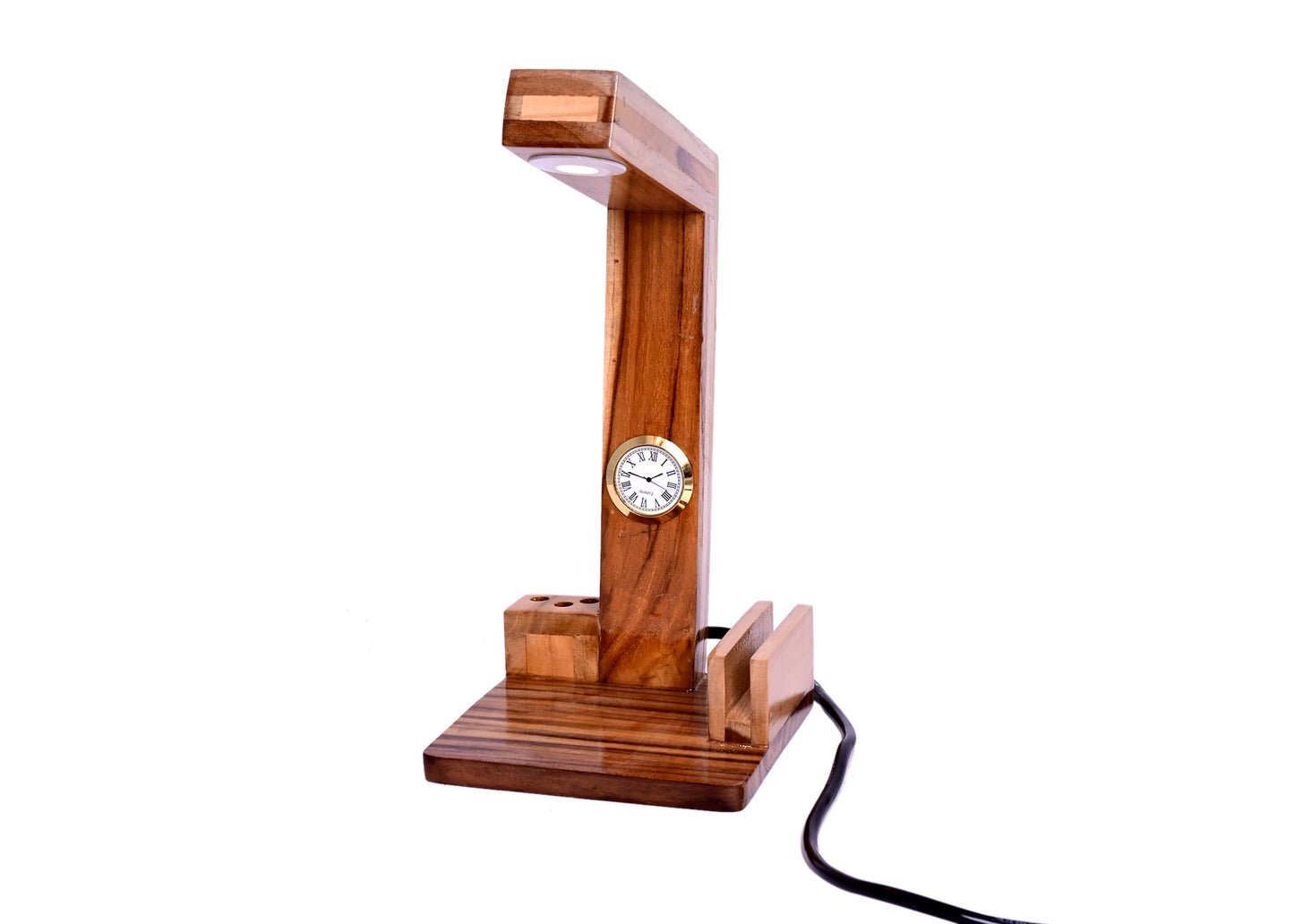 The Weaver's Nest Teak Wood Table Lamp with clock and organiser for Home, Living Room, Study Room, Bedside Tables (Brown, 15 X 15 X 33 cm)