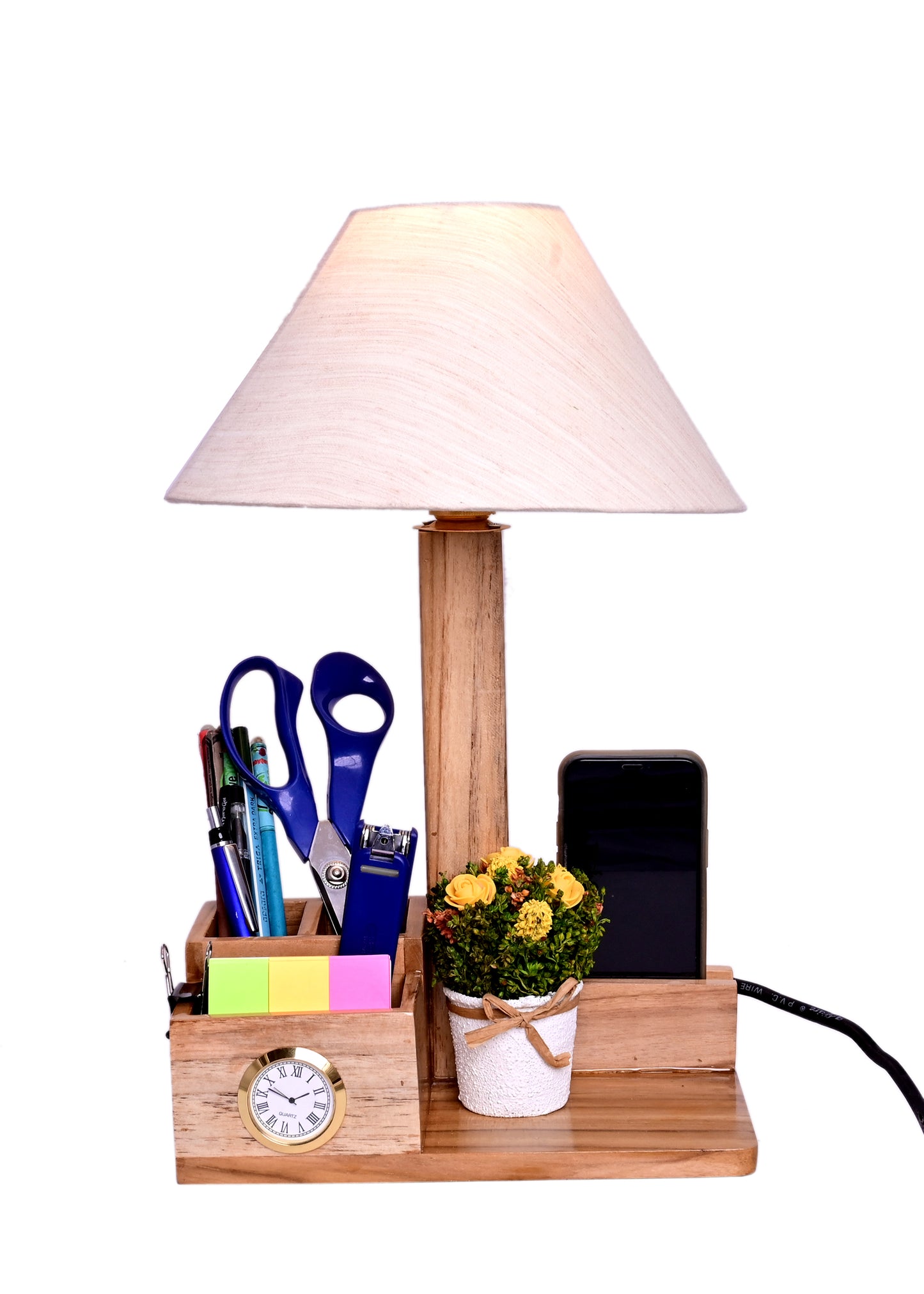 The Weaver's Nest Teak Wood Table Lamp with Clock and Storage for Home, Living Room, Bedroom, Study Room, Bedside Tables