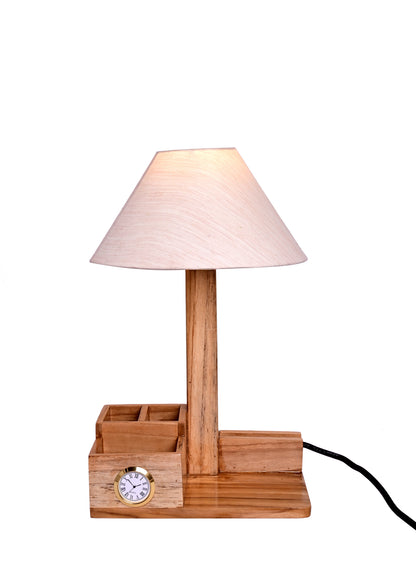 The Weaver's Nest Teak Wood Table Lamp with Clock and Storage for Home, Living Room, Bedroom, Study Room, Bedside Tables