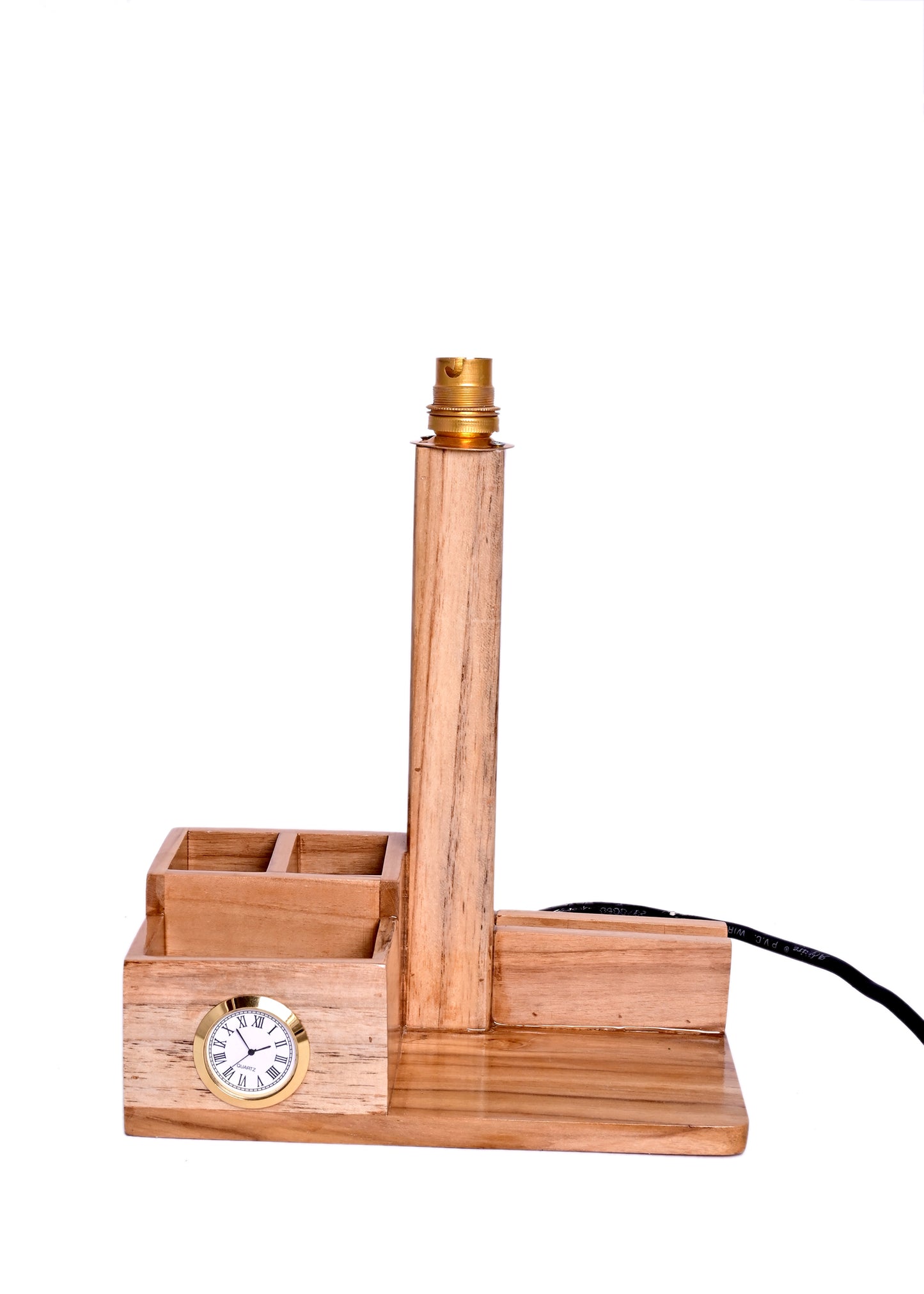 The Weaver's Nest Teak Wood Table Lamp with Clock and Storage for Home, Living Room, Bedroom, Study Room, Bedside Tables