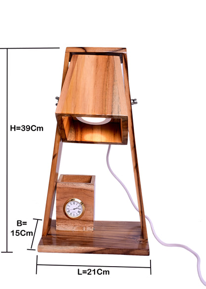 The Weaver's Nest Rustic Teak Wood Table Lamp with Clock and Storage for Home Decor, Living Room, Study Room, Bedside Tables (Brown, 21 X 15 X 39 cm)