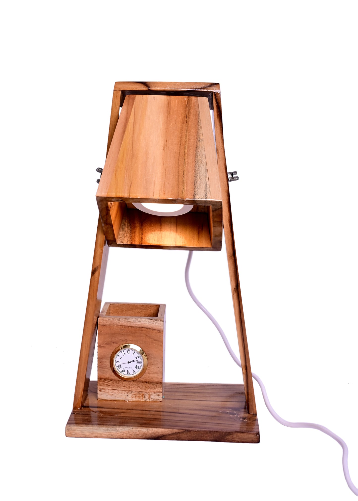 The Weaver's Nest Rustic Teak Wood Table Lamp with Clock and Storage for Home Decor, Living Room, Study Room, Bedside Tables (Brown, 21 X 15 X 39 cm)