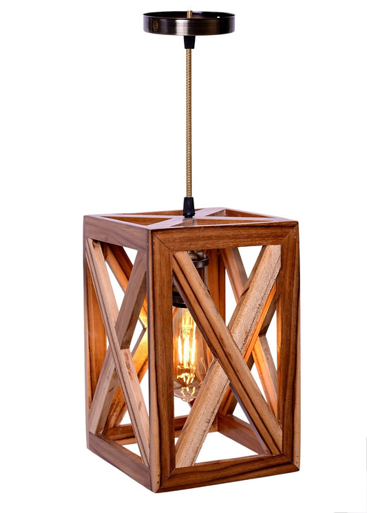 The Weaver's Nest Rustic VintageTeak Wood Hanging Light/Lamp, Square Shaped Crossed Design Pendant Light for Home Decor, Living Room, Study Room