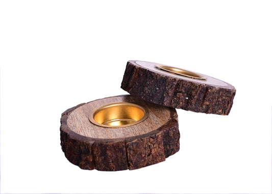 The Weaver's Nest Wooden Bark Handmade Tealight Candle Holder Set of Two