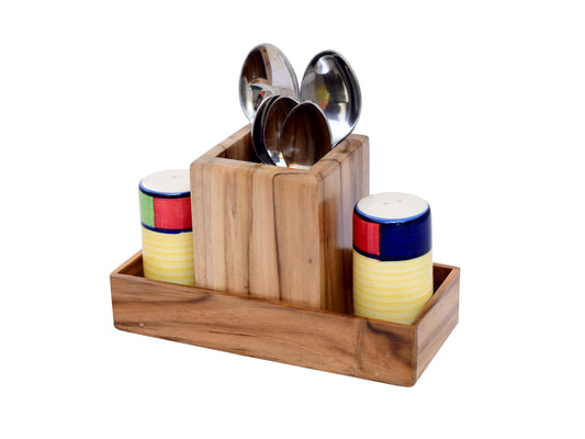 The Weaver's Nest Wooden Cutlery Holder with Salt and Pepper Shakers