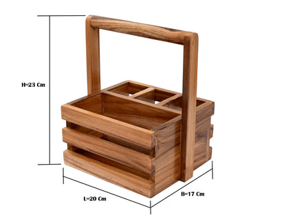 The Weaver's Nest Wooden Table Utility Cutlery Holder/Caddy with Handle for Spoons, Forks, Knives Organiser for Dining Table, Kitchen and Restaurants