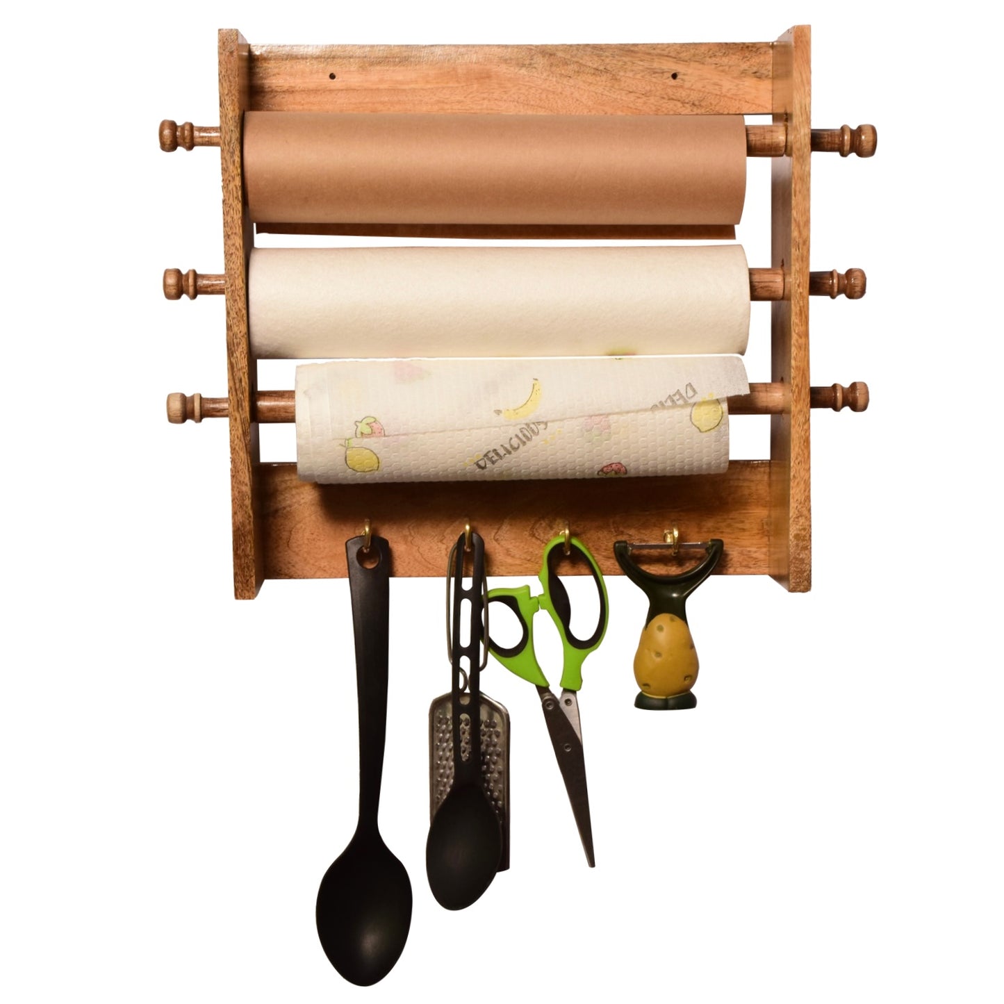 The Weaver's Nest Solid Wood Three in one  Paper Towel Roll Dispenser Holder / Tissue Paper Stand with Hooks