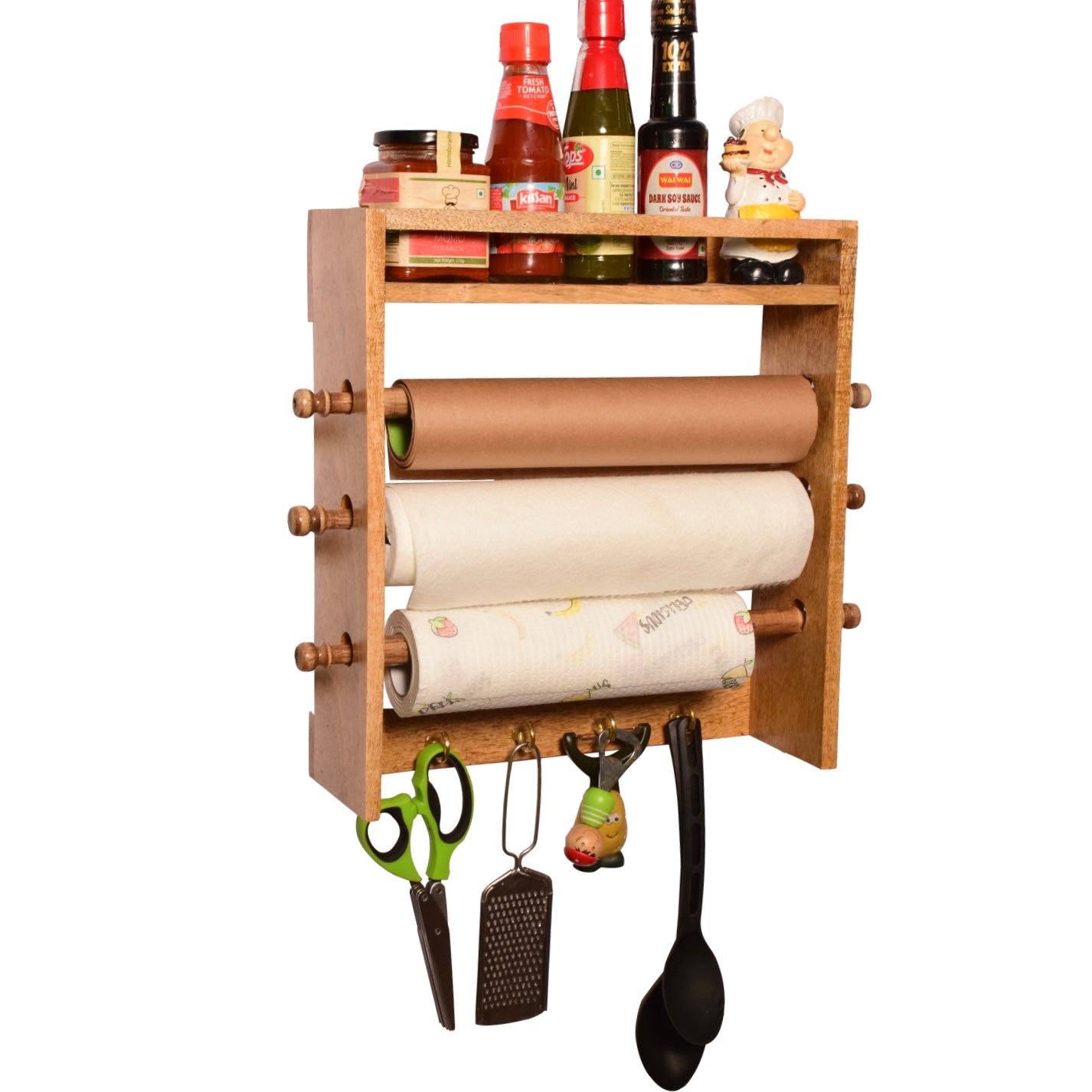 The Weaver's Nest Solid Wood Triple Roll Paper Towel Holder / Roll Dispenser with Spice Rack Shelf and Hooks for Kitchen, Restaurants, Hotels