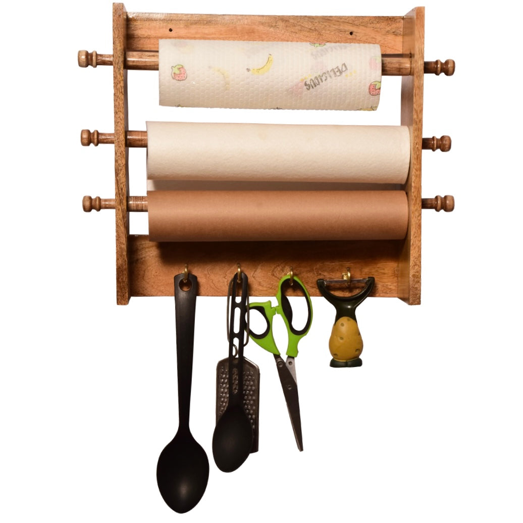 The Weaver's Nest Solid Wood Three in one  Paper Towel Roll Dispenser Holder / Tissue Paper Stand with Hooks