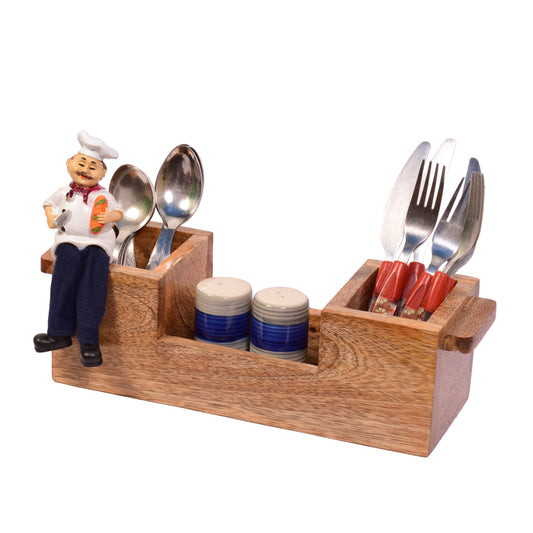 The Weaver's Nest Wooden Cutlery Holder with Salt & Pepper Shakers and chef for Kitchen, Dining Table, Restaurants (34 x 11 x 10 cm)