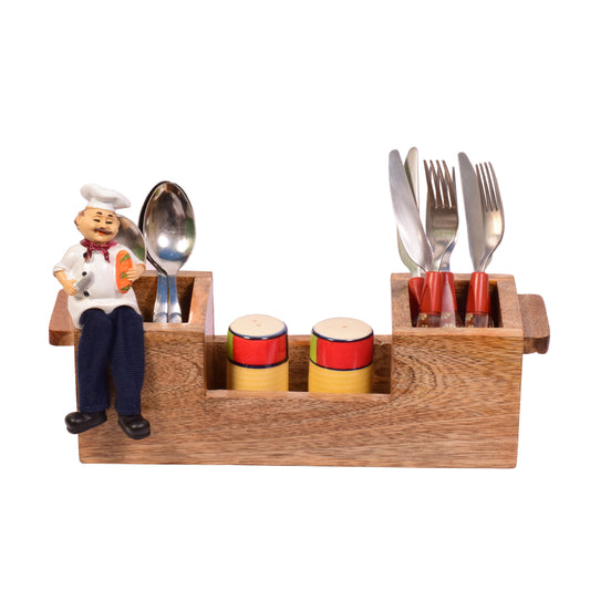 The Weaver's Nest Wooden Cutlery Holder with Salt & Pepper Shakers and Figurine for Kitchen, Dining Table, Restaurants (34 x 11 x 10 cm)