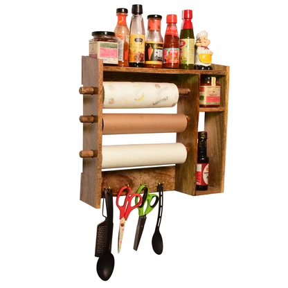 The Weaver's Nest Multi Utility Wooden Paper Towel Holder/Tissue Paper Stand/Roll Dispenser with Spice Rack Shelf and Ladle Holder