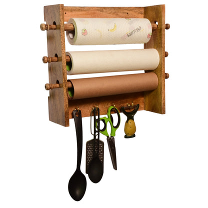 The Weaver's Nest Solid Wood Three in one  Paper Towel Roll Dispenser Holder / Tissue Paper Stand with Hooks