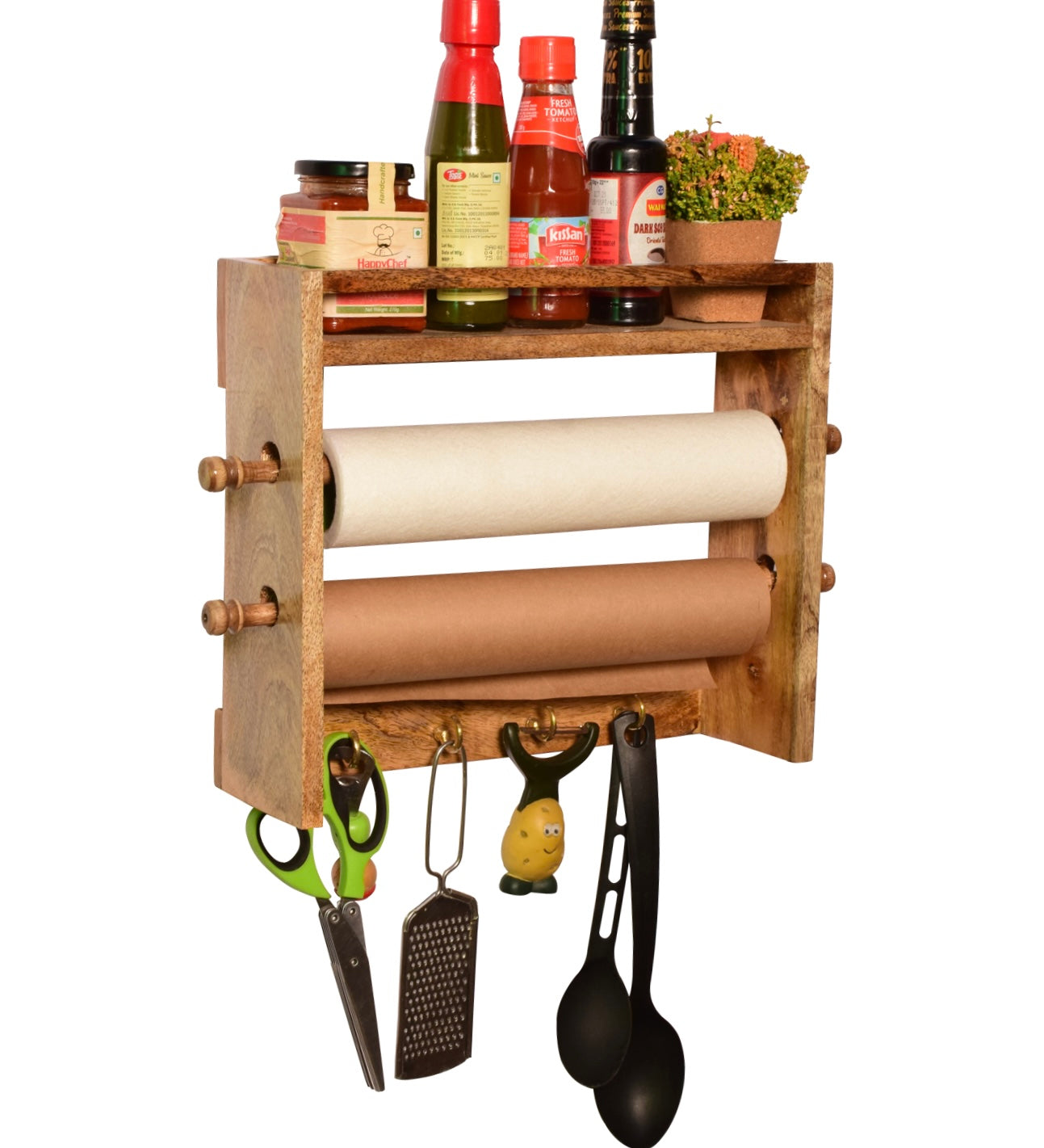 The Weaver's Nest Solid Wood Double Roll Paper Towel Holder / Tissue Paper Stand / Roll Dispenser with Spice Rack Shelf and Hooks for Kitchen