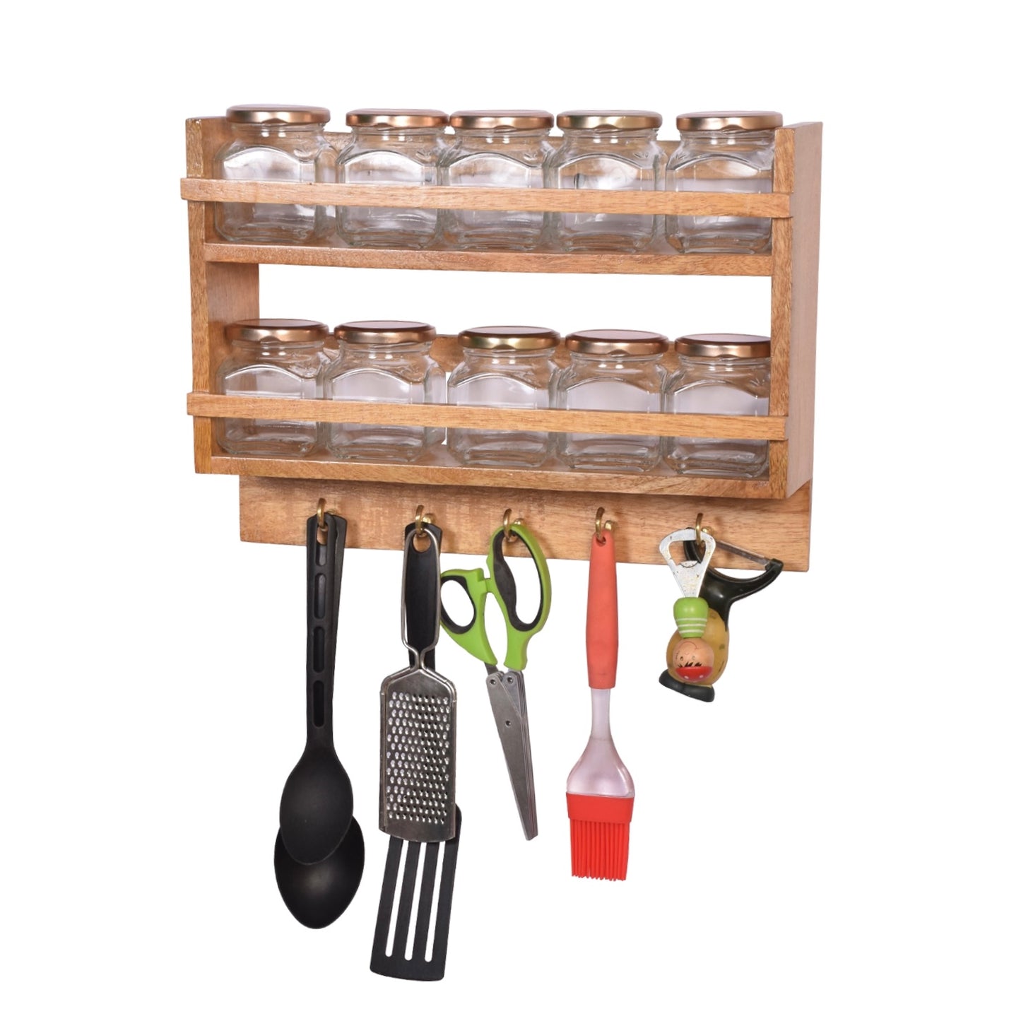 The Weaver's Nest Solid Wood Storage Jar Rack Shelf with Glass jars and Hooks for Kitchen, Restaurants, Hotels