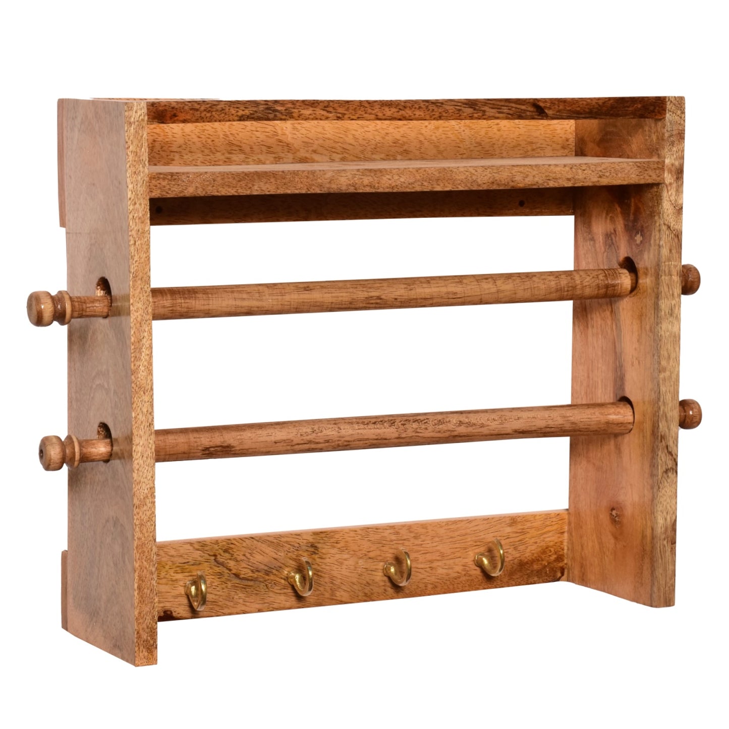 The Weaver's Nest Solid Wood Double Roll Paper Towel Holder / Tissue Paper Stand / Roll Dispenser with Spice Rack Shelf and Hooks for Kitchen