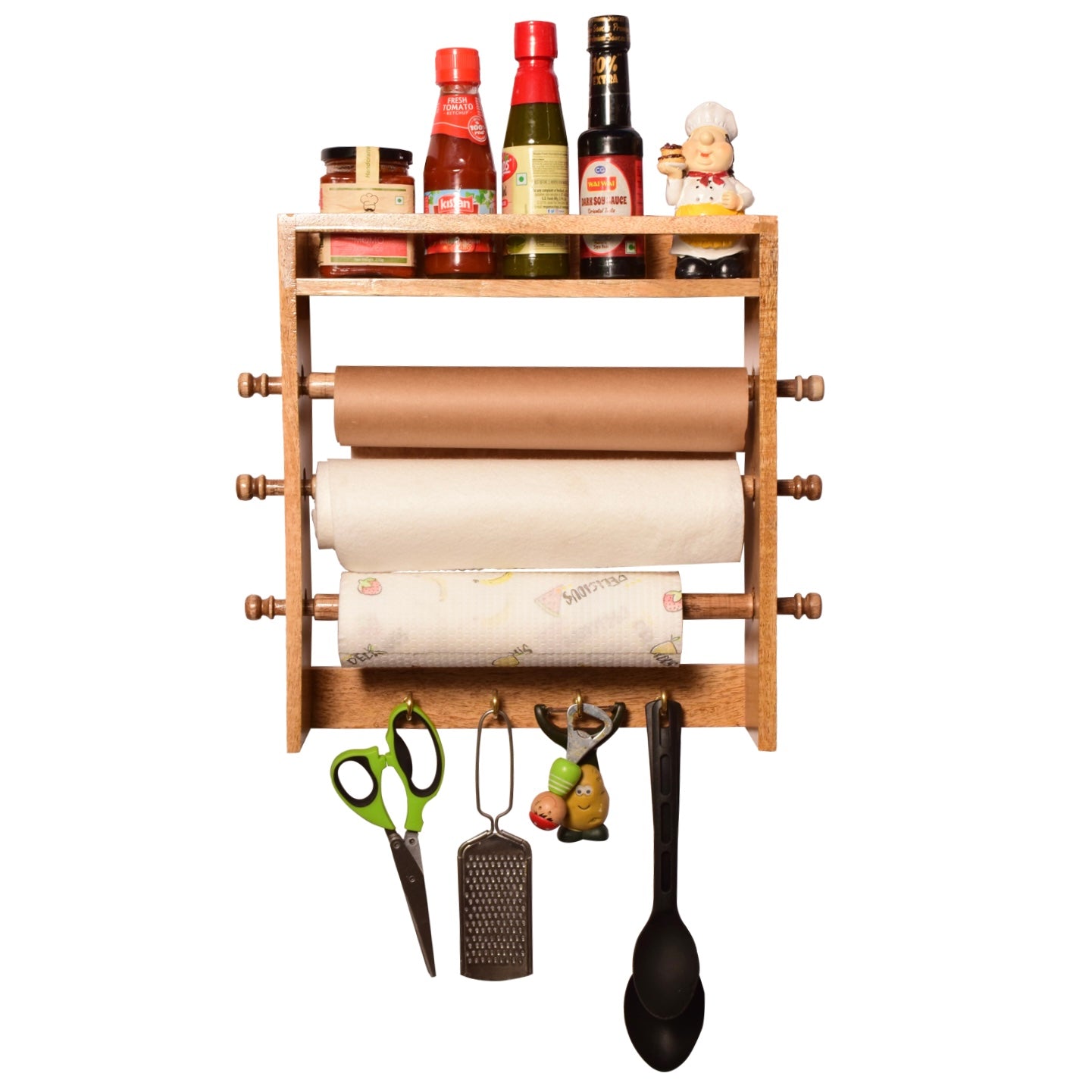 The Weaver's Nest Solid Wood Triple Roll Paper Towel Holder / Roll Dispenser with Spice Rack Shelf and Hooks for Kitchen, Restaurants, Hotels