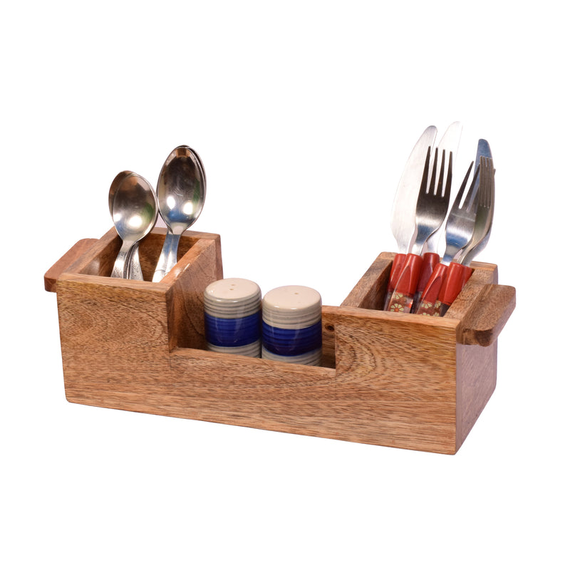 The Weaver's Nest Wooden Cutlery Holder with Salt & Pepper Shakers  for Kitchen, Dining Table, Restaurants (34 x 11 x 10 cm)